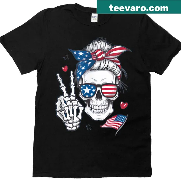 Patriotic Memorial Day t-shirt with skull and messy bun