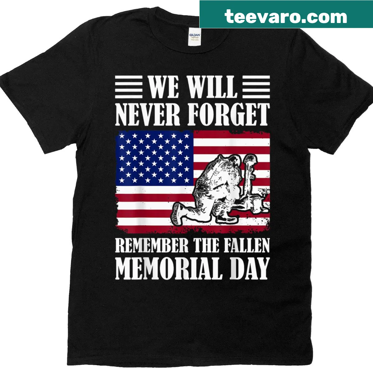 Memorial Day t-shirt with a tribute message and flag illustration — on a men's t-shirt