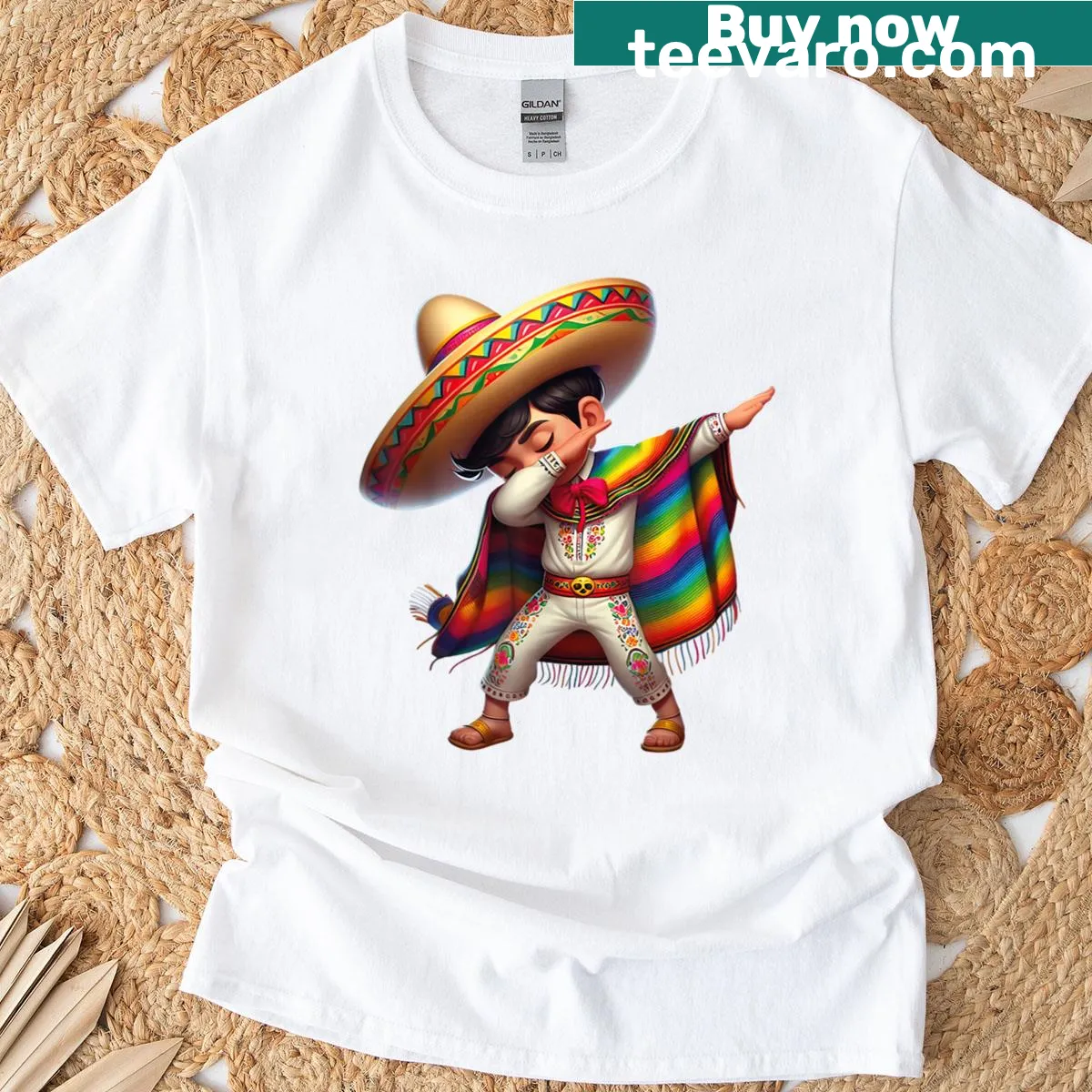 Cartoon t-shirt of a Mexican boy dabbing in a poncho — on a men's t-shirt
