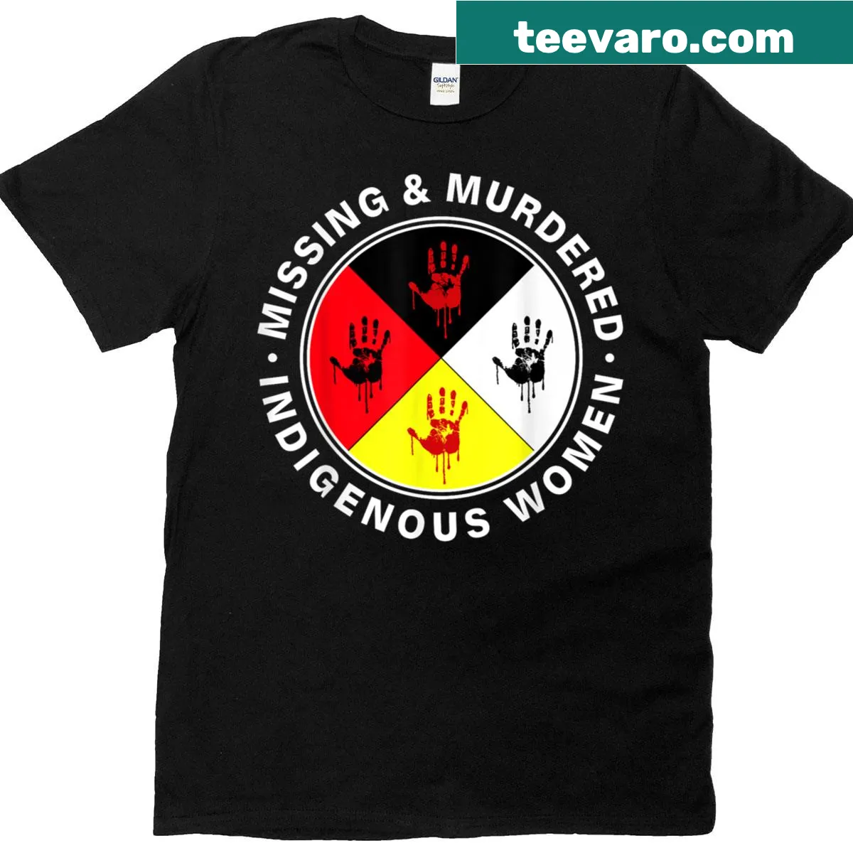 Awareness T-shirt featuring a red hand for MMIW — on a men's t-shirt