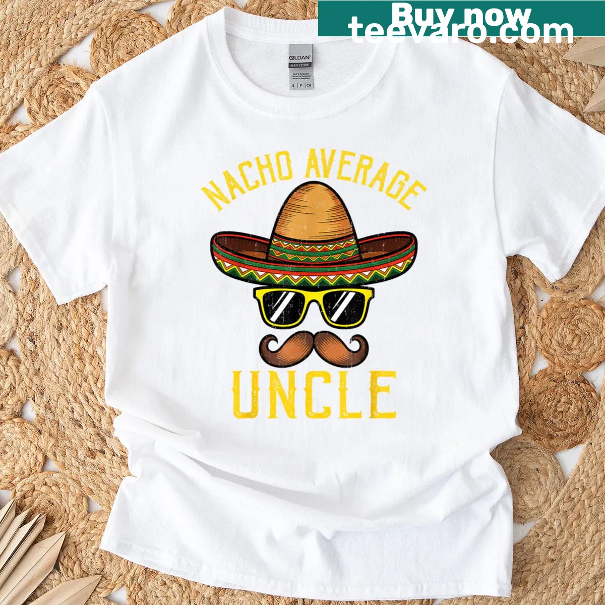 Funny uncle shirt with sombrero and text 'Nacho Average Uncle' — on a men's t-shirt
