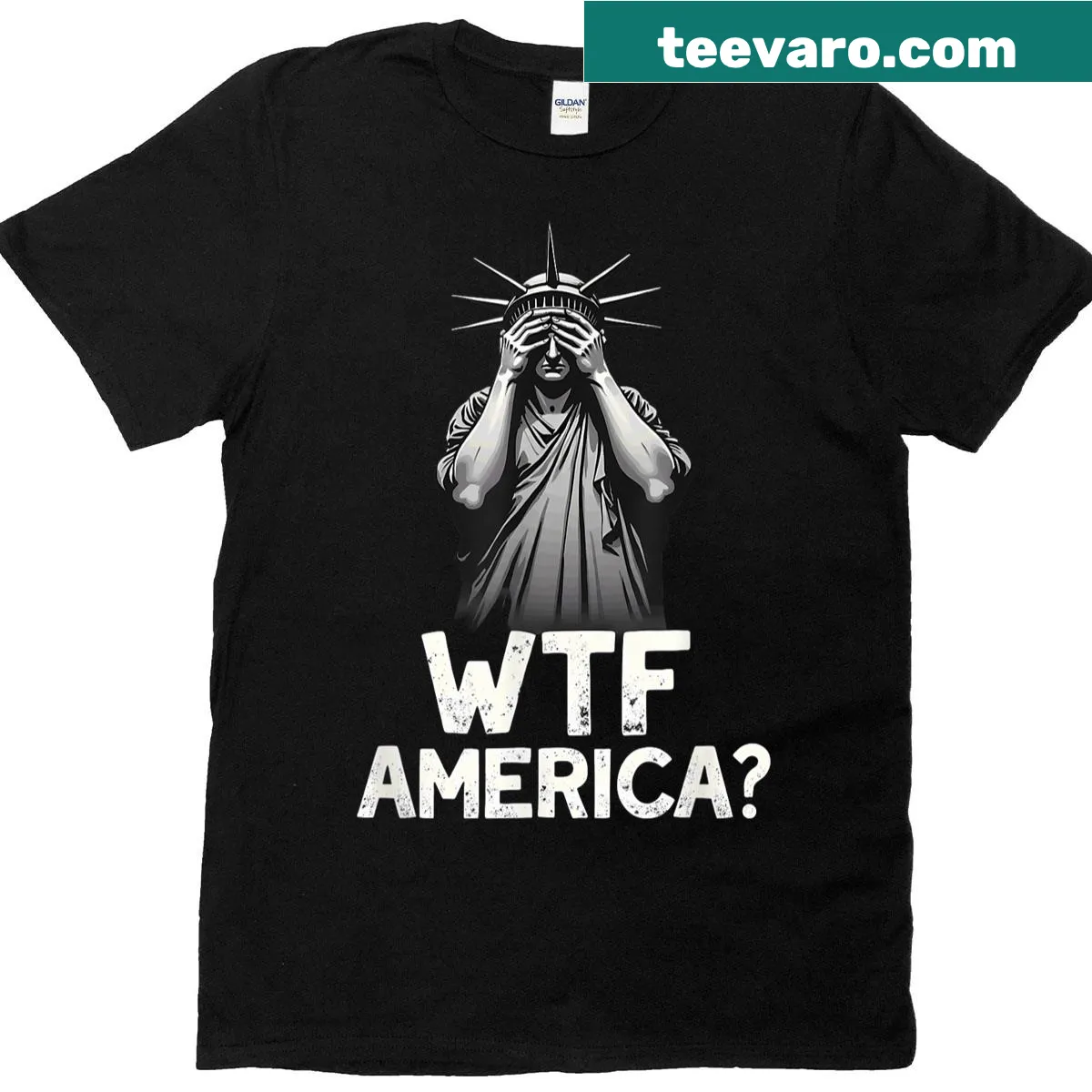 Statue of Liberty graphic with text reflecting American humor — on a men's t-shirt