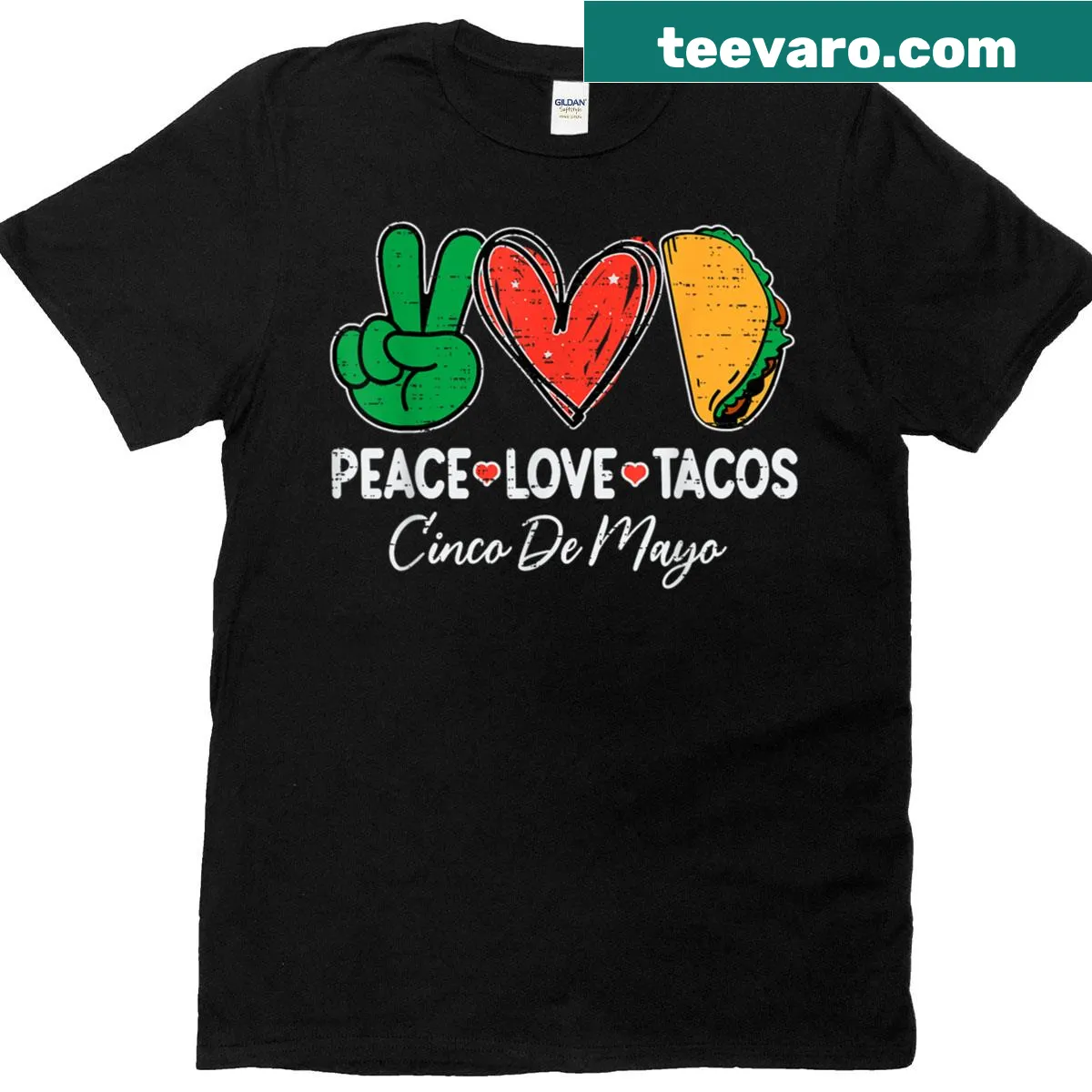 Graphic featuring tacos with text about peace and love — on a men's t-shirt