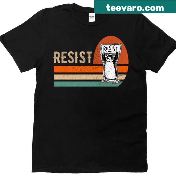 Funny T-shirt with penguins raising flippers against Trump