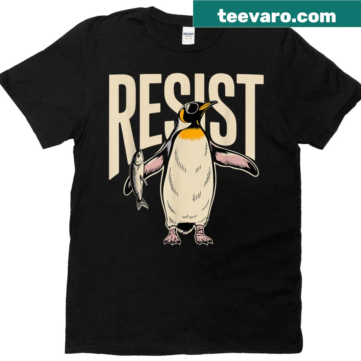 Witty penguin graphic protesting tariffs with flippers raised — on a men's t-shirt