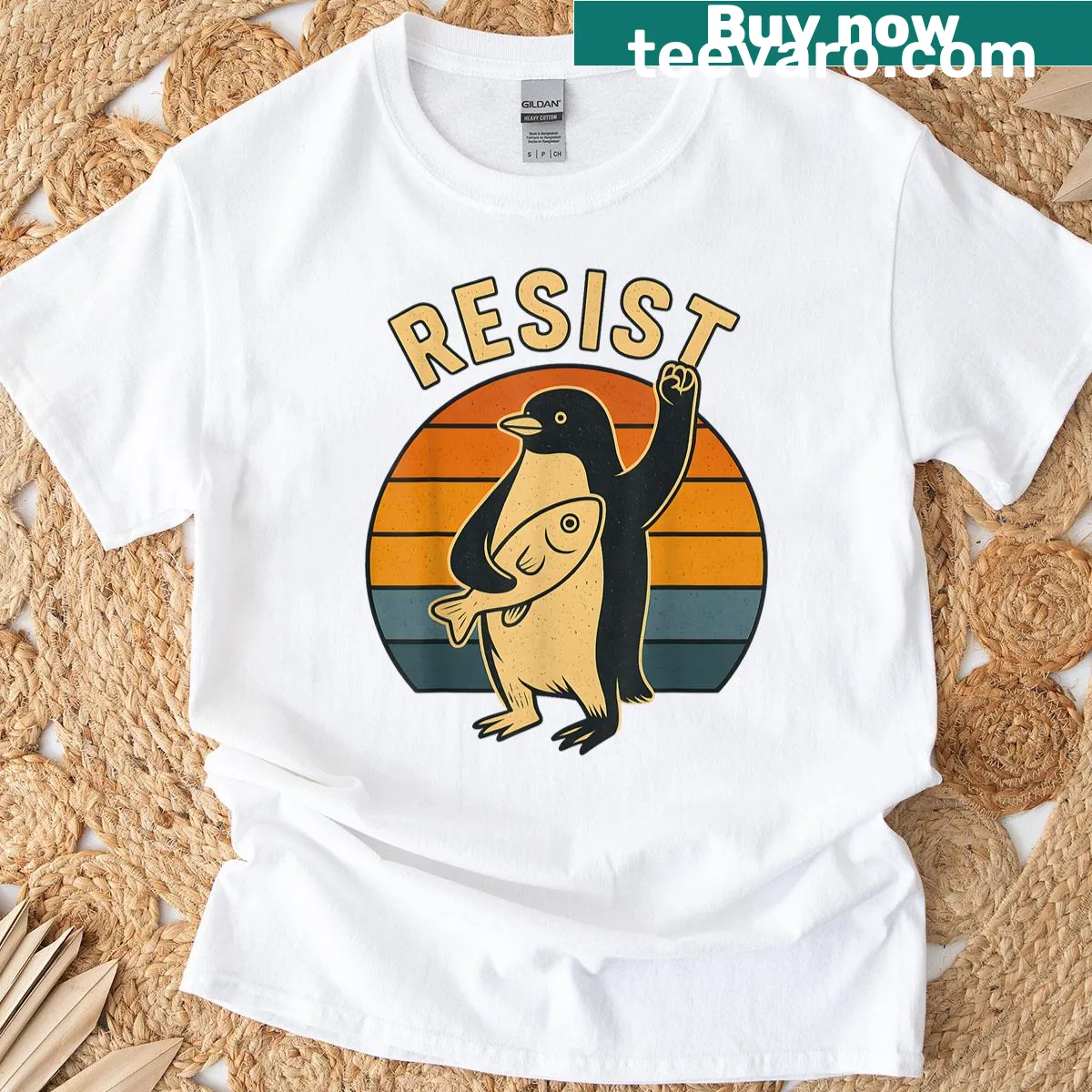 Comic penguins T-shirt with protest theme and funny text — on a men's t-shirt