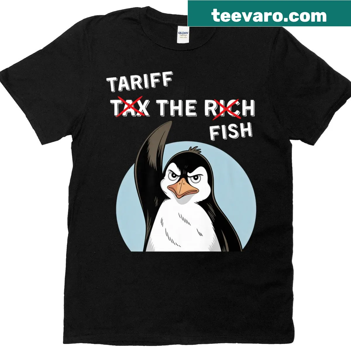 Cartoon penguin protesting tariffs with a humorous design — on a men's t-shirt