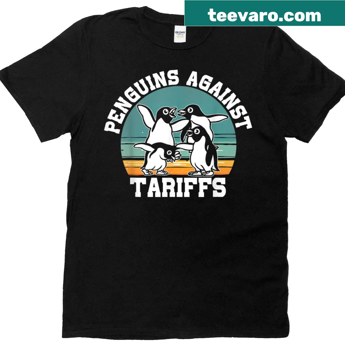Funny penguin graphic T-shirt with 'Penguins Against Tariffs' text — on a men's t-shirt