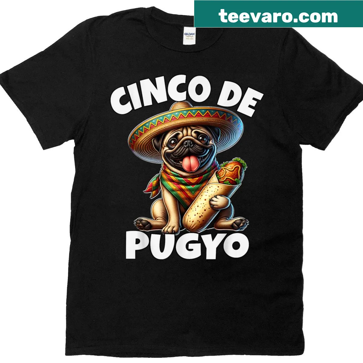 Cartoon pug celebrating Cinco de Mayo with the phrase 'Cinco De Pugyo' — on a men's t-shirt