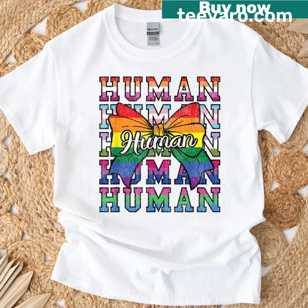 Rainbow bow graphic over LGBT flag on a pride-themed t-shirt
