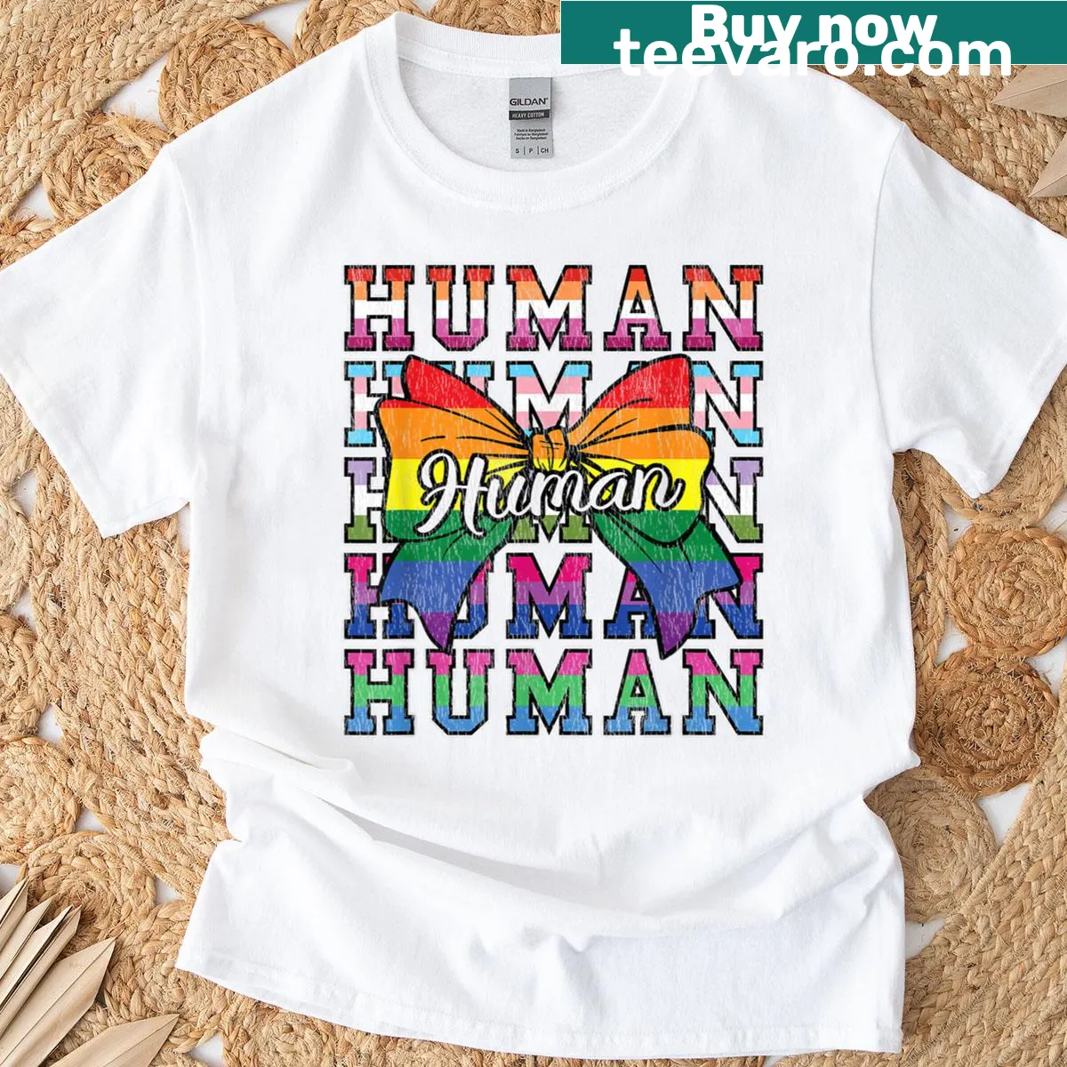 Rainbow bow graphic over LGBT flag on a pride-themed t-shirt — on a men's t-shirt