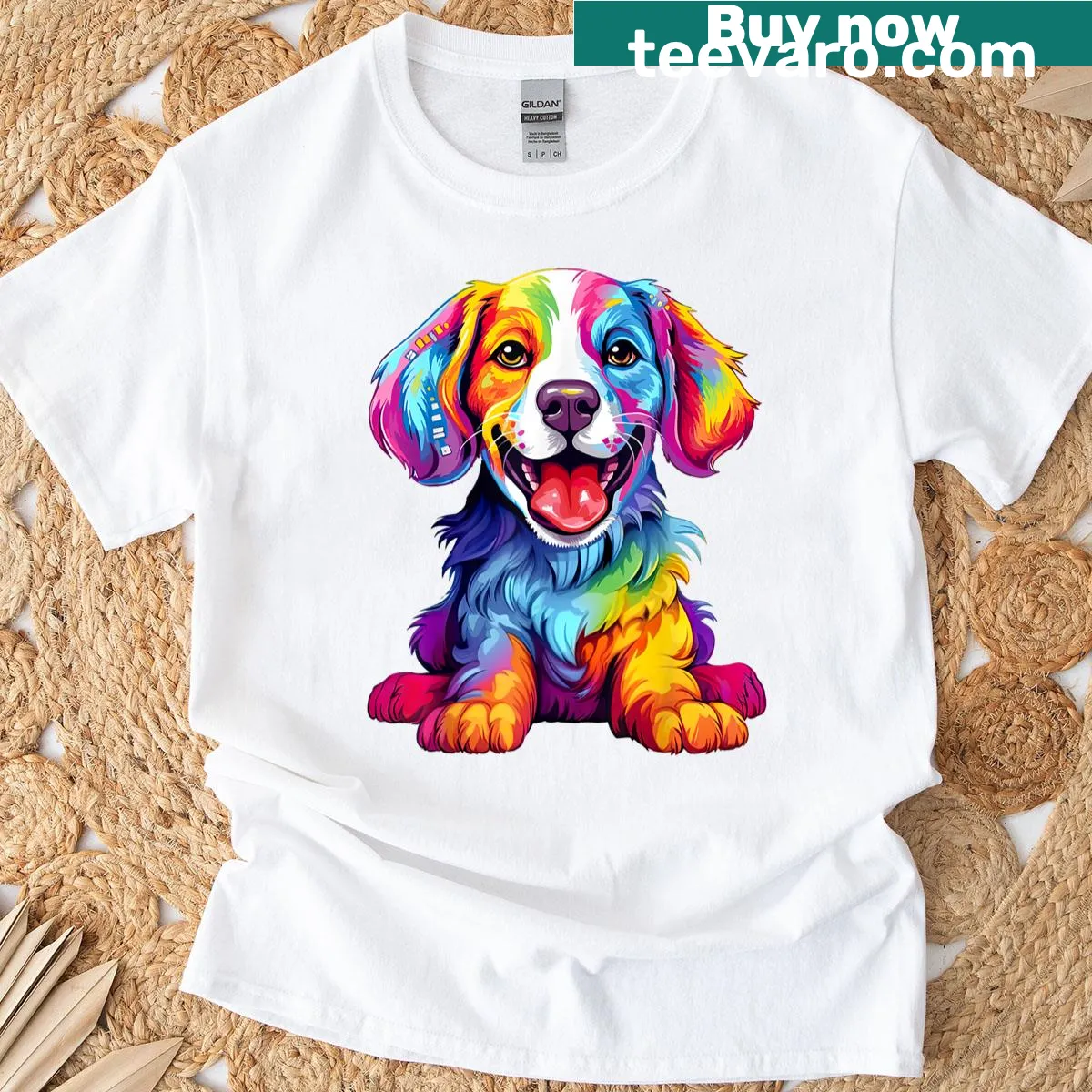 Colorful T-shirt featuring a happy dog and rainbow graphics. — on a men's t-shirt