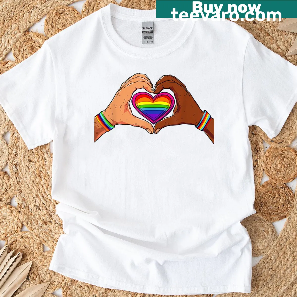 Heart graphic in rainbow colors representing LGBT unity and love — on a men's t-shirt