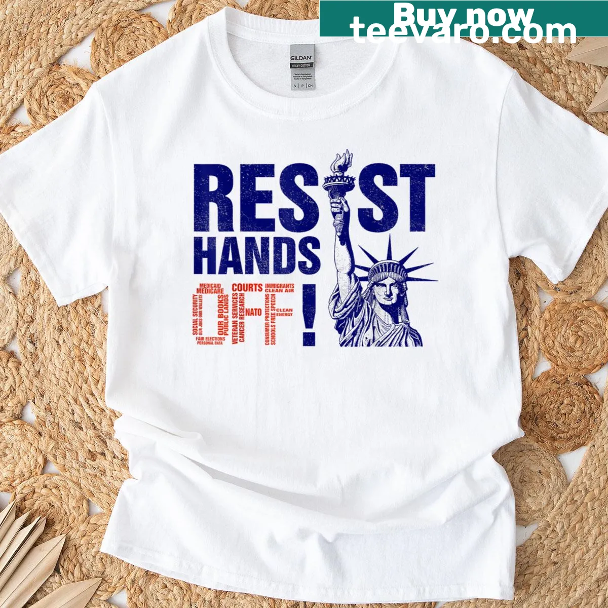 Bold text 'Resist And Protest' with Statue of Liberty graphic on a t-shirt — on a men's t-shirt