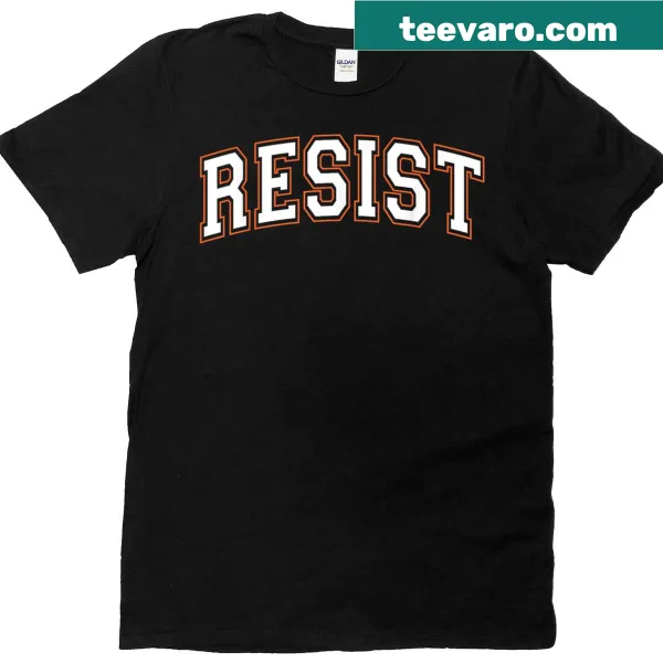 Arched 'Resist' text in varsity letters on a T-shirt