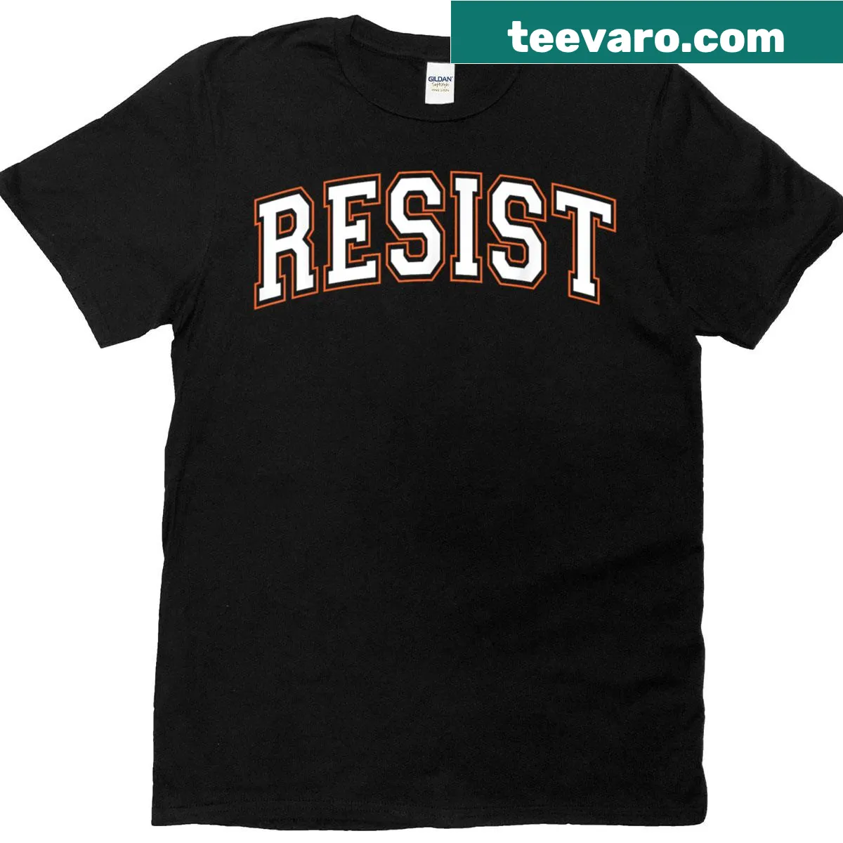 Arched 'Resist' text in varsity letters on a T-shirt — on a men's t-shirt