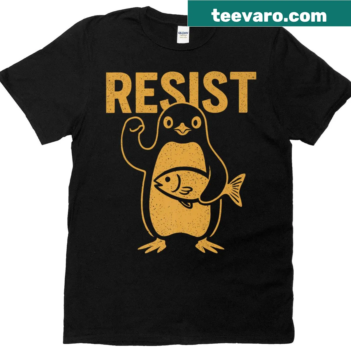 Cartoon penguins protesting tariffs on a humorous T-shirt design — on a men's t-shirt