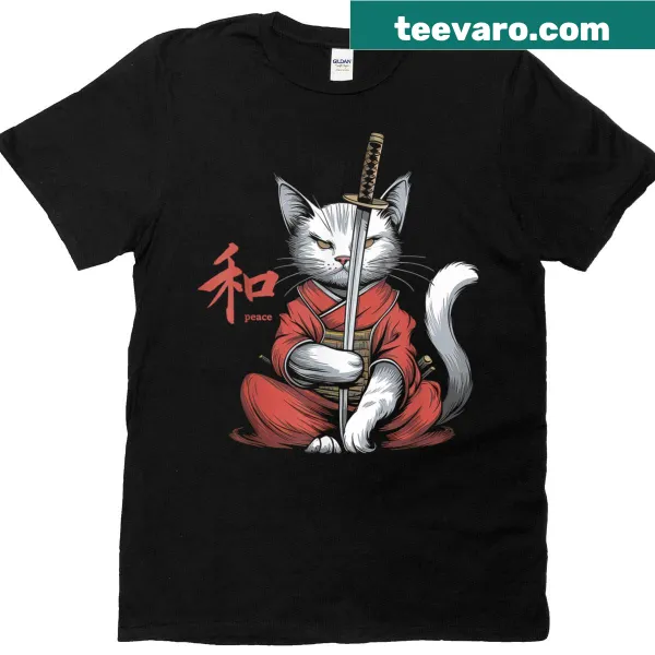 Vintage-style tee featuring a samurai cat and kanji design