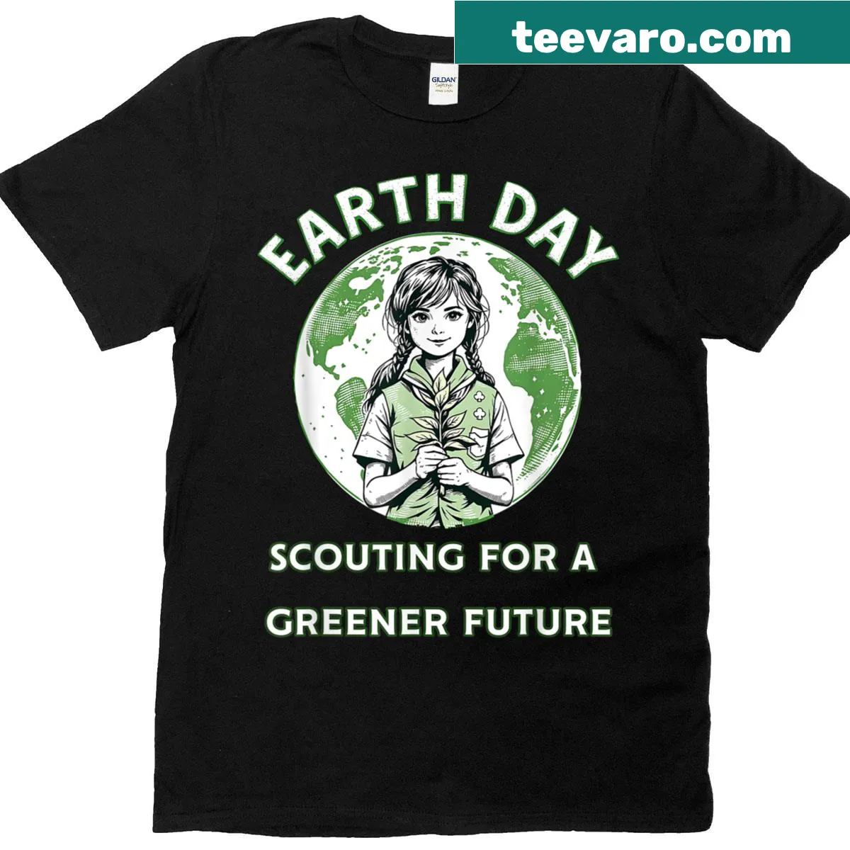 Eco-themed T-shirt with 'Scouting For A Greener Future' text — on a men's t-shirt