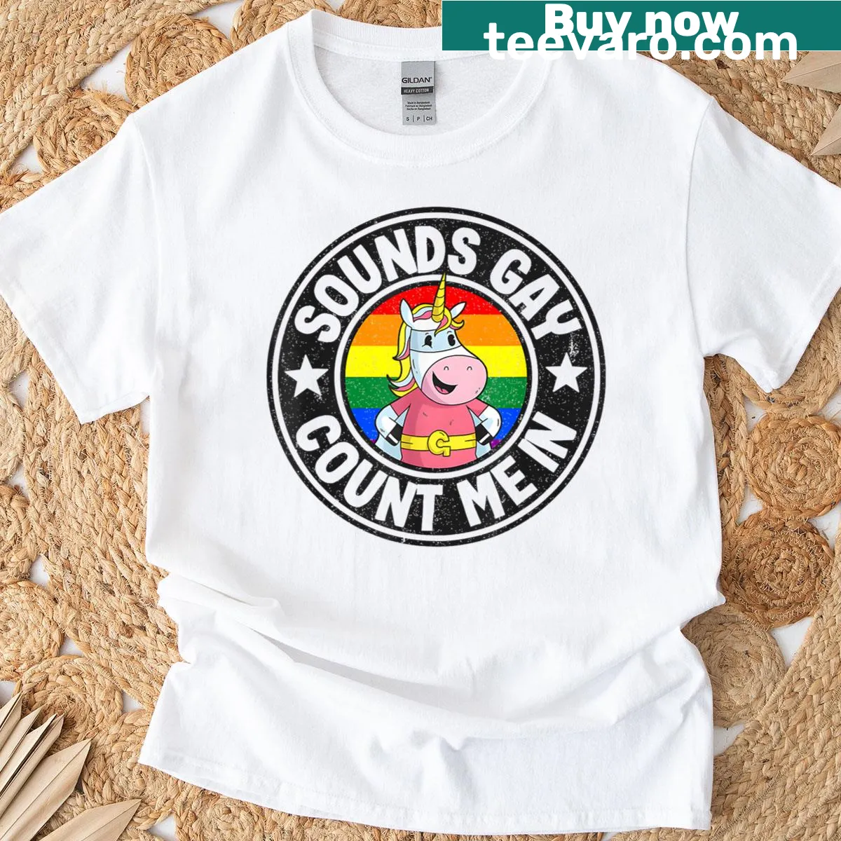 Rainbow flag t-shirt with the text 'Sounds Gay Count Me In' — on a men's t-shirt