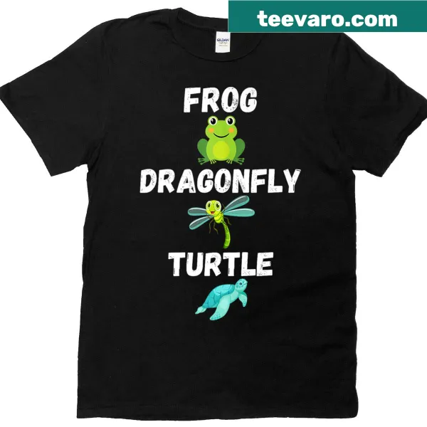 Playful political humor T-shirt featuring a frog, dragonfly, and turtle