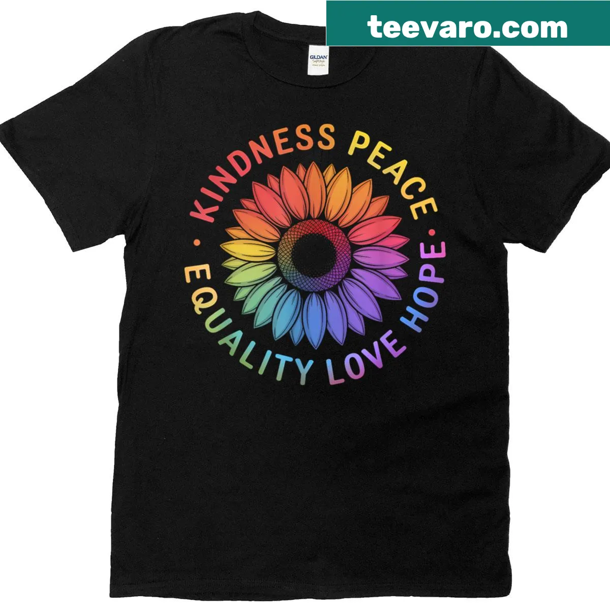 Sunflower and rainbow graphic for LGBTQ pride — on a men's t-shirt