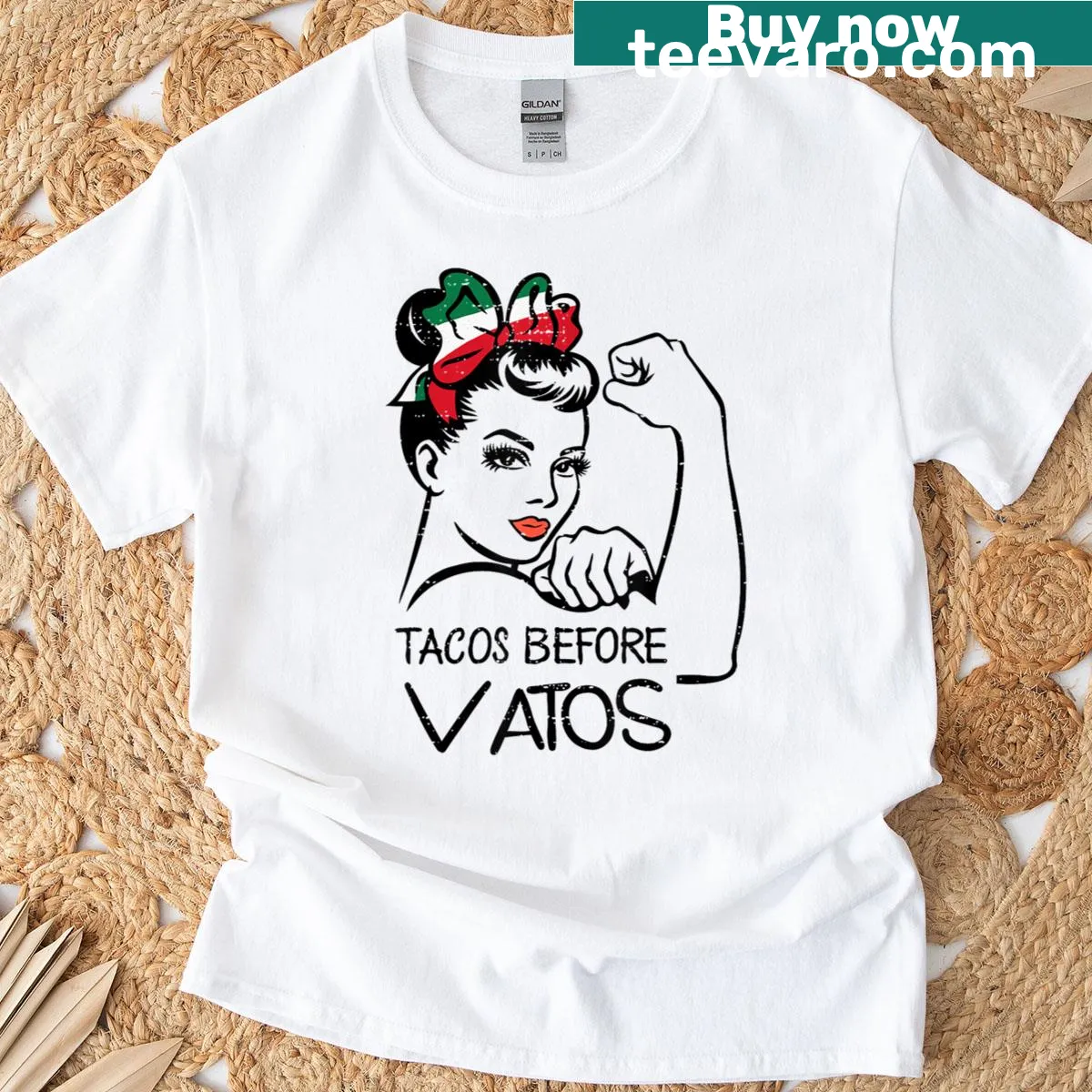 Bold typography T-shirt with 'Tacos Before Vatos' for Cinco De Mayo — on a men's t-shirt