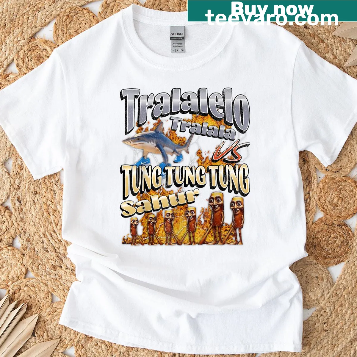 Funny meme graphic featuring Tralalelo vs Tung Sahur — on a men's t-shirt