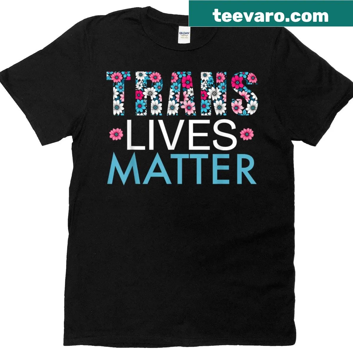 Floral t-shirt featuring the message 'Trans Lives Matter' for Pride Month. — on a men's t-shirt