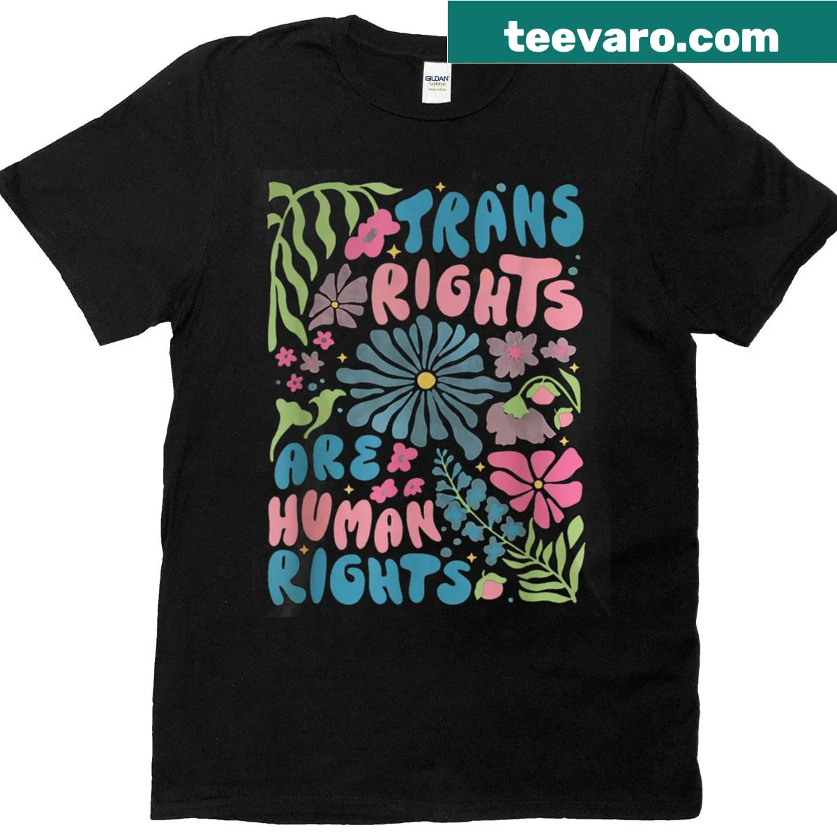 Bold text t-shirt stating 'Trans Rights Are Human Rights' for advocacy. — on a men's t-shirt