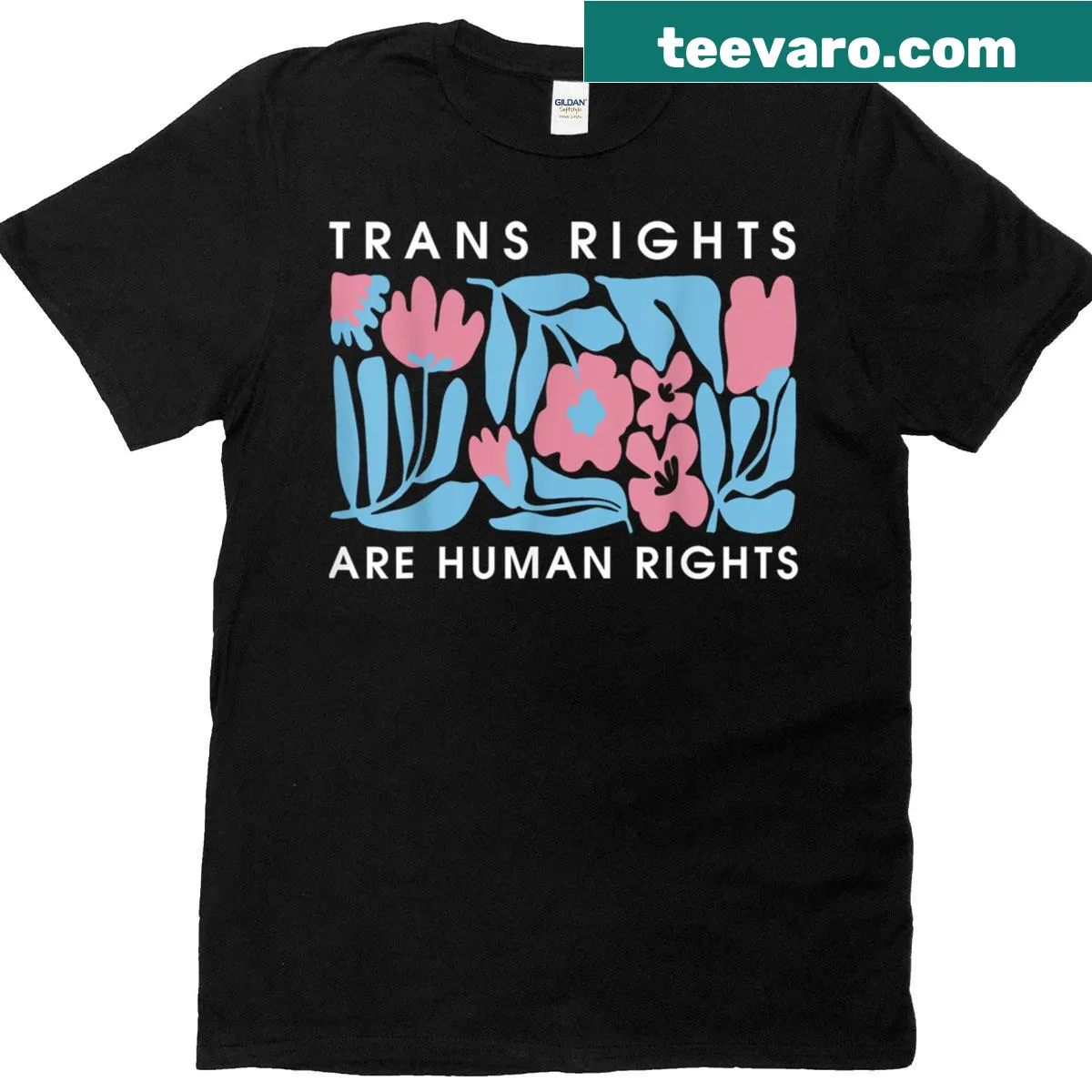 Floral design T-shirt promoting Trans Rights are Human Rights — on a men's t-shirt