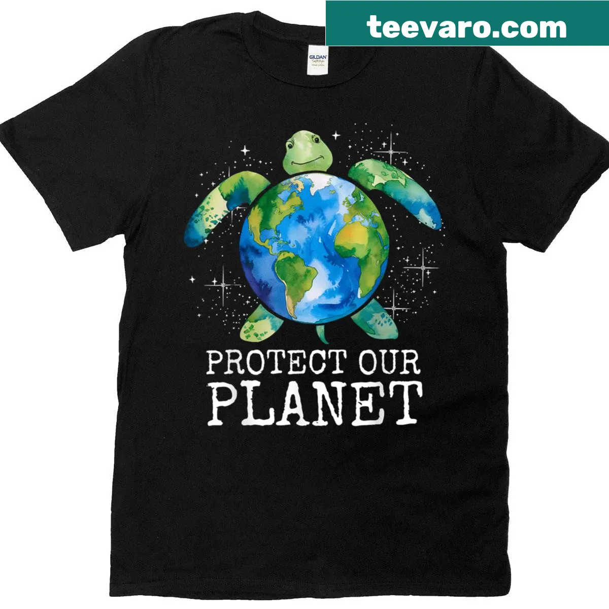 Inspiring turtle design promoting Earth Day and environmental care. — on a men's t-shirt
