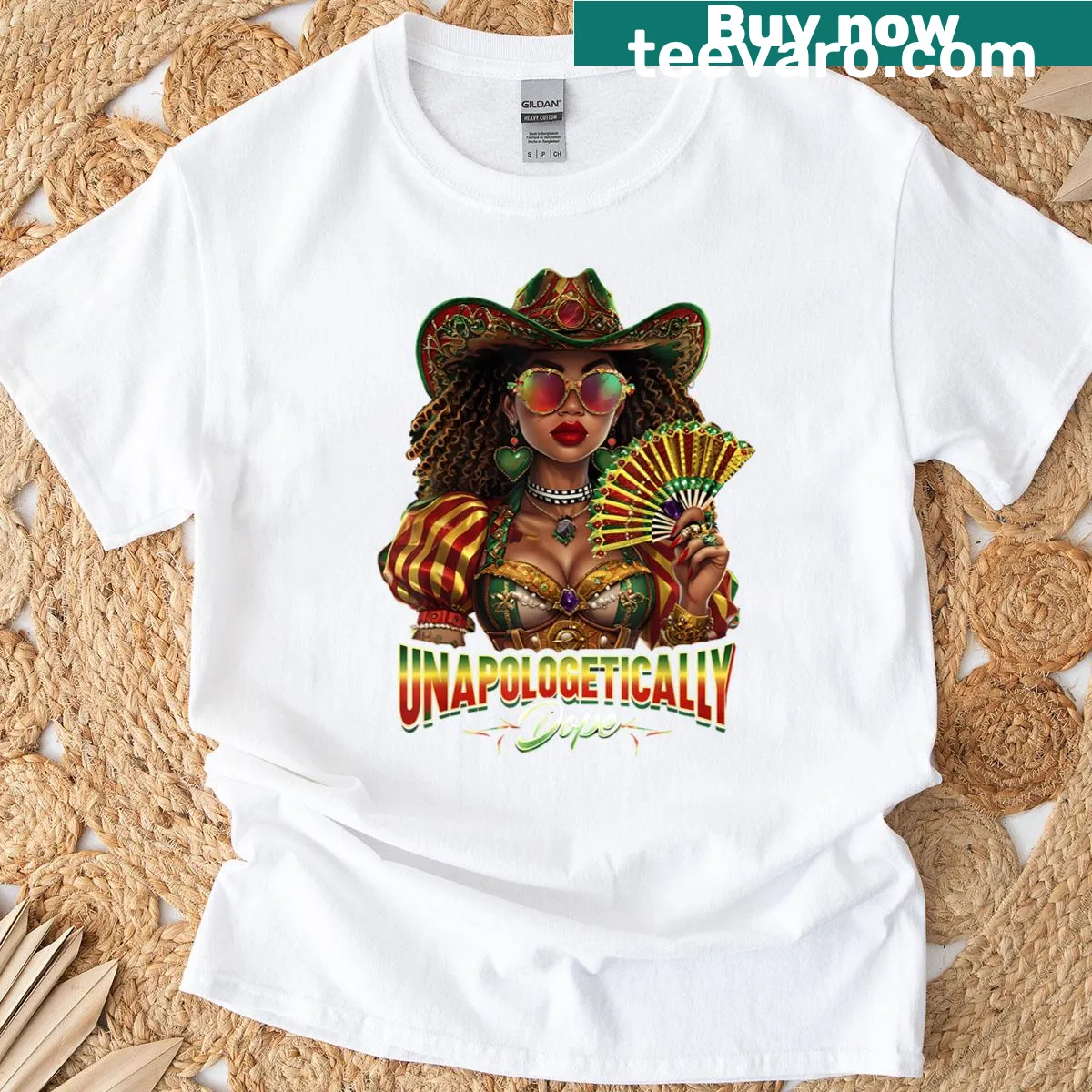 Juneteenth T-shirt with 'Unapologetically Dope' text and cowgirl theme — on a men's t-shirt