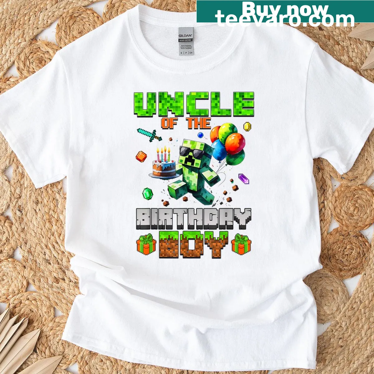 Playful t-shirt for Uncle of the birthday boy with pixel gaming theme — on a men's t-shirt
