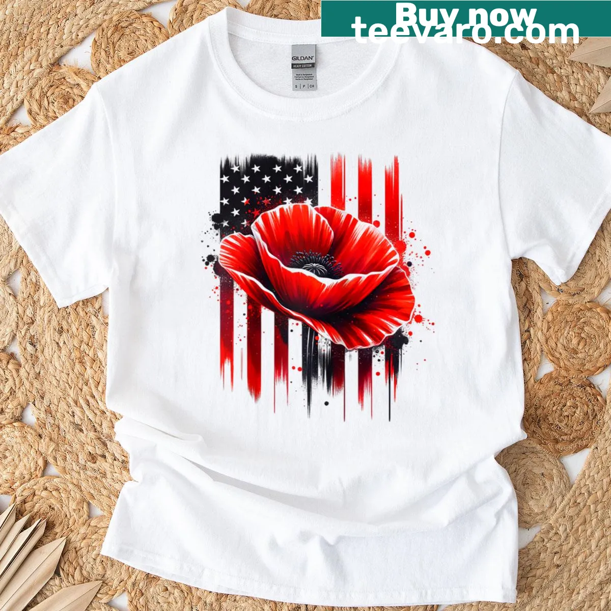 Raglan tee with red poppy flower graphic for Veterans Day. — on a men's t-shirt
