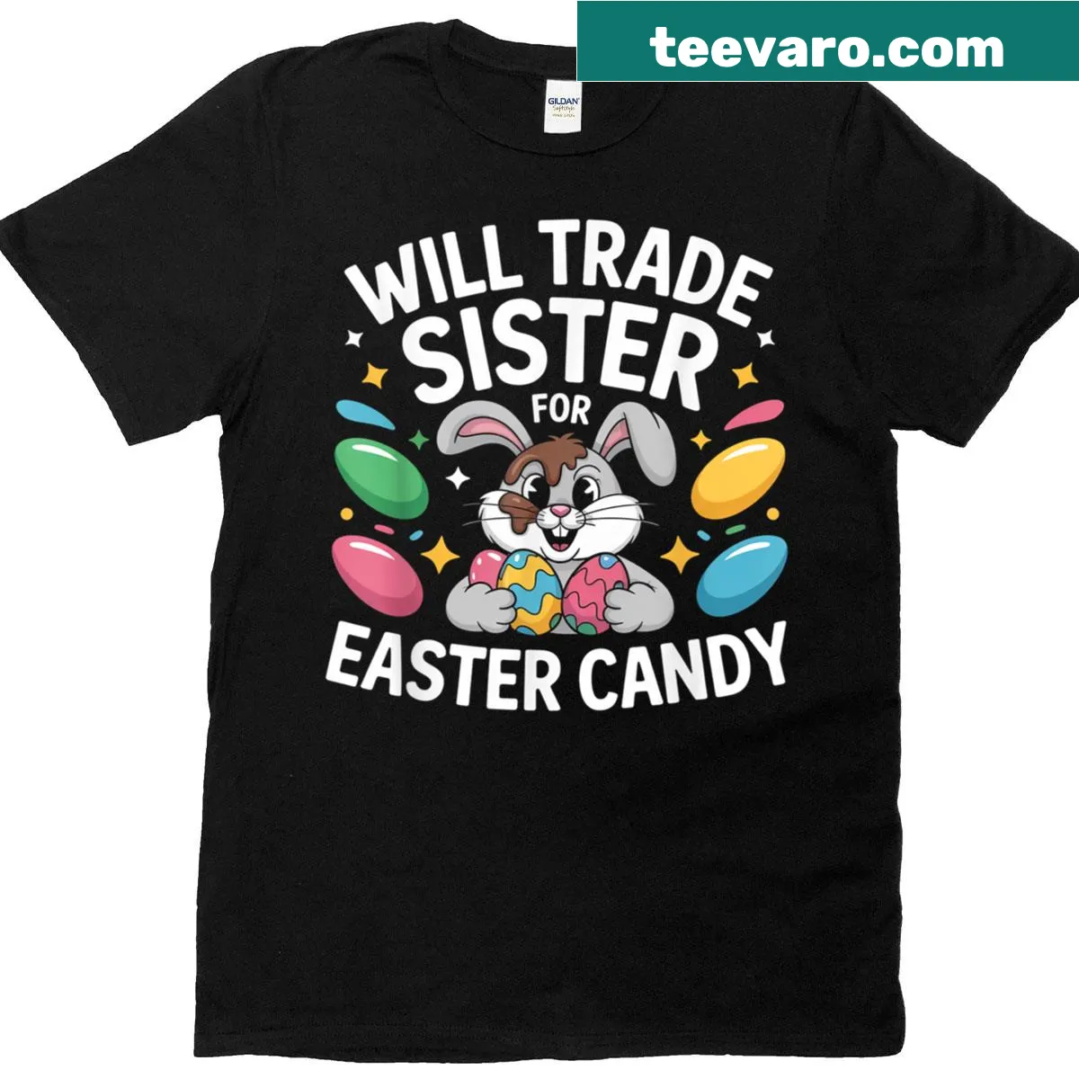 Funny kids' T-shirt with 'Will Trade Sister For Easter Candy' text — on a men's t-shirt