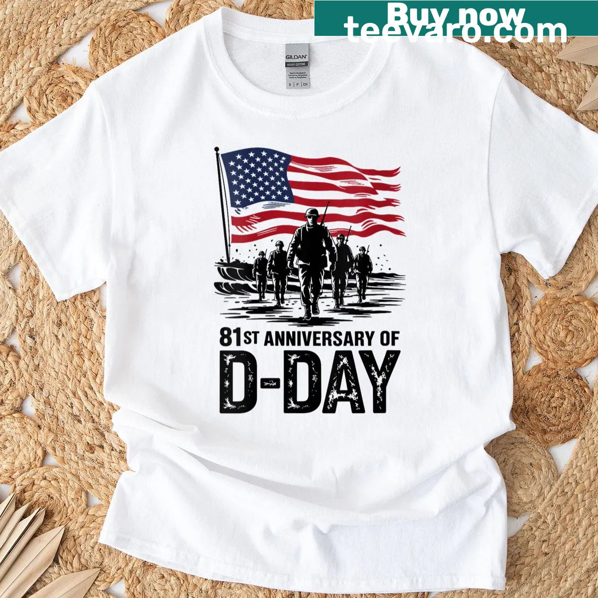 D-Day anniversary T-shirt featuring the US flag and tribute elements — on a men's t-shirt