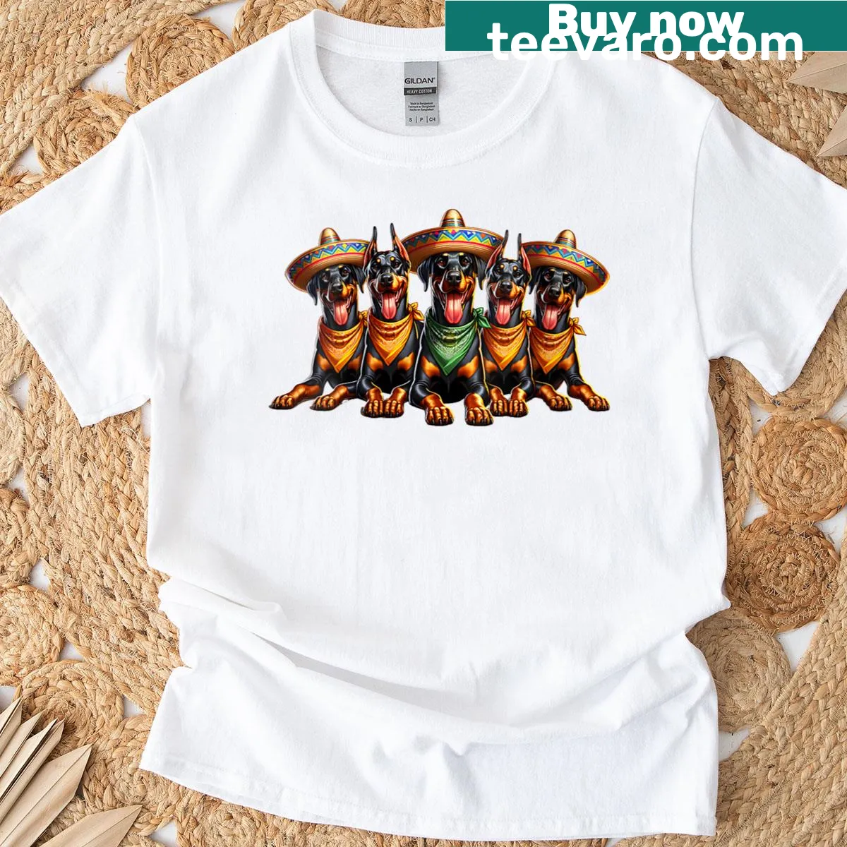 Cinco de Mayo t-shirt featuring five playful Dobermans in festive style — on a men's t-shirt
