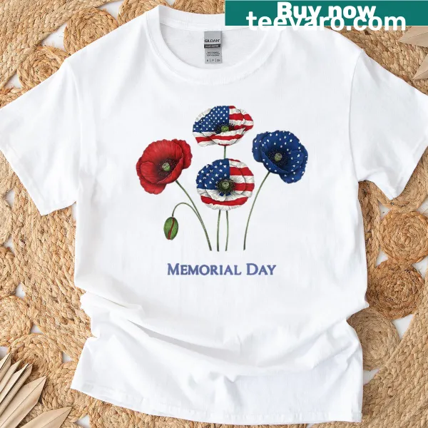 Patriotic graphic t-shirt with flowers for Memorial Day.