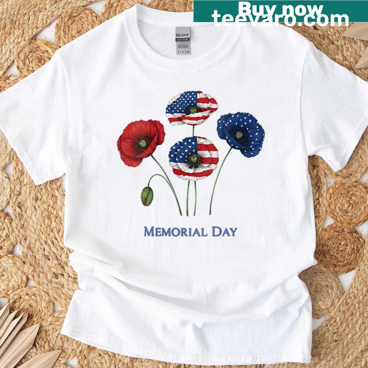 Patriotic graphic t-shirt with flowers for Memorial Day. — on a men's t-shirt