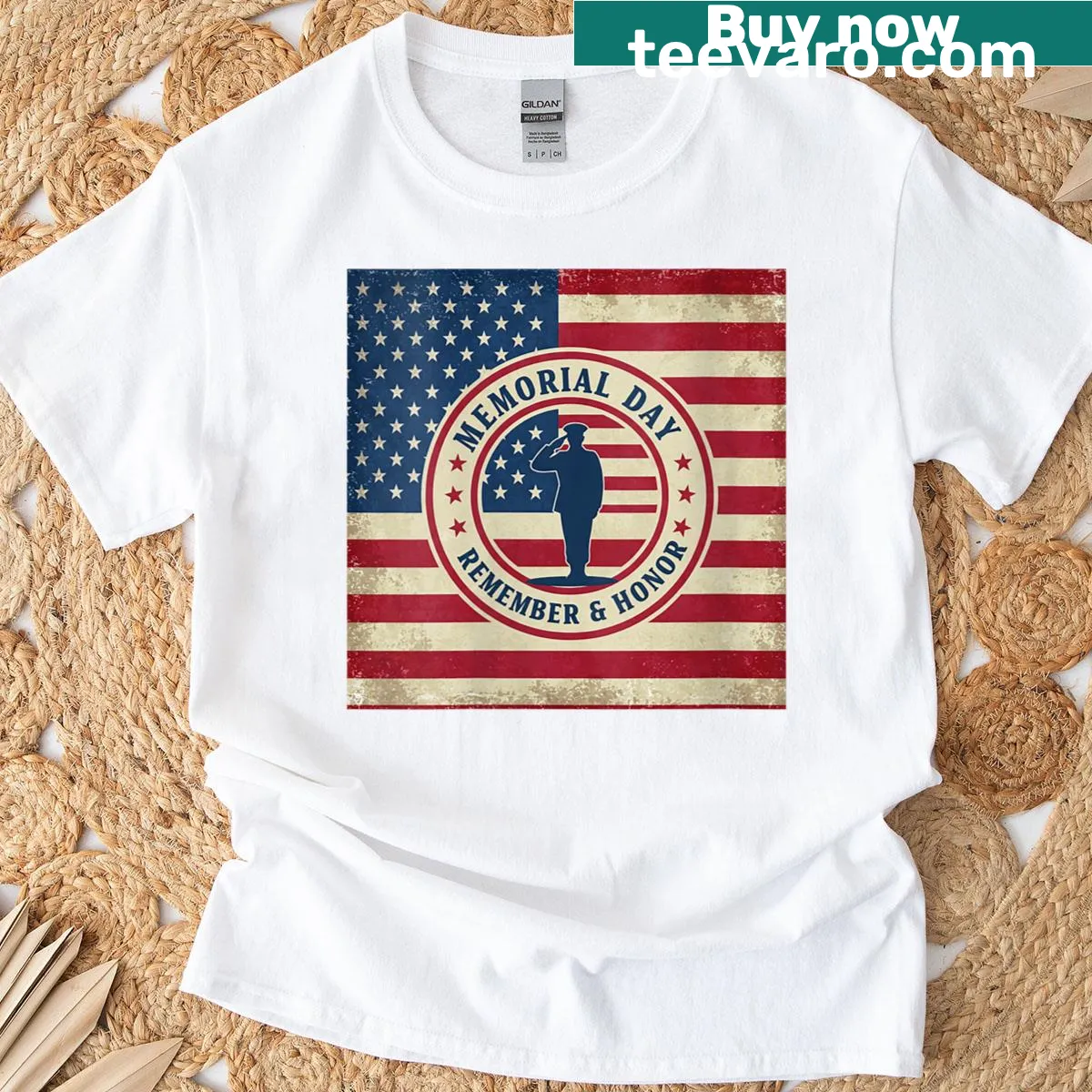 Illustrated U.S. flag graphic on a cute women's Memorial Day t-shirt — on a men's t-shirt