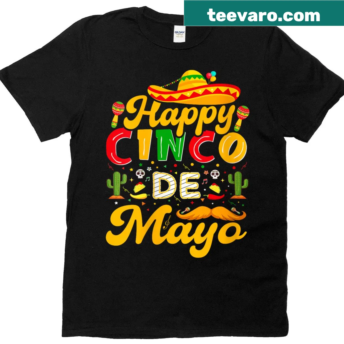 Cinco De Mayo t-shirt with taco and guitar illustration — on a men's t-shirt