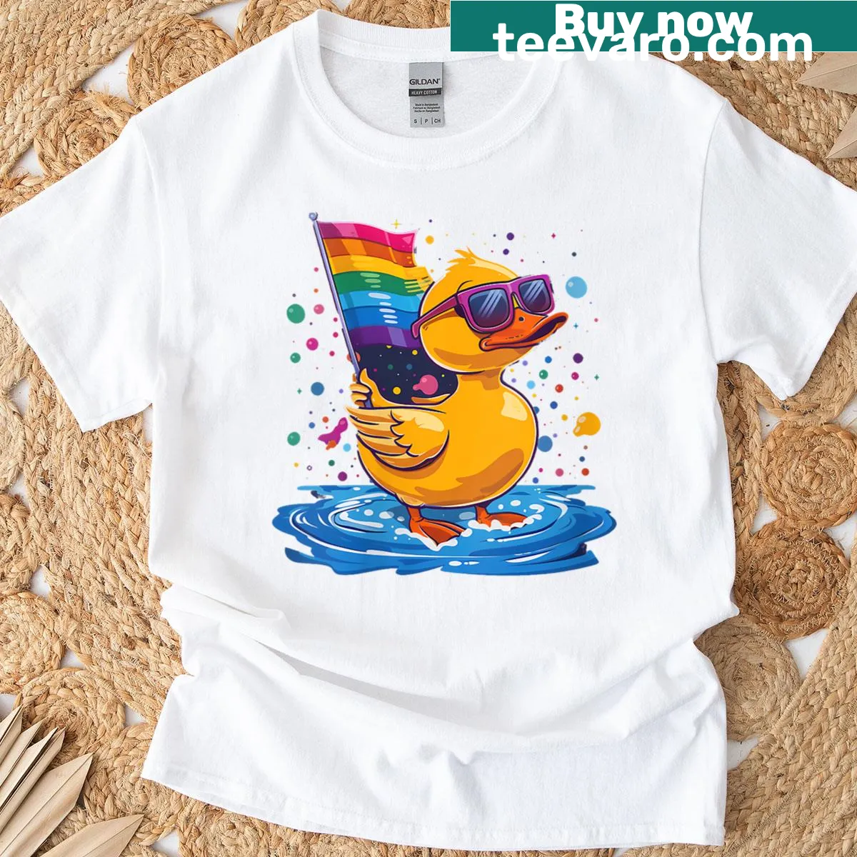 Cartoon rainbow rubber duck graphic on a women's LGBTQ pride t-shirt — on a men's t-shirt