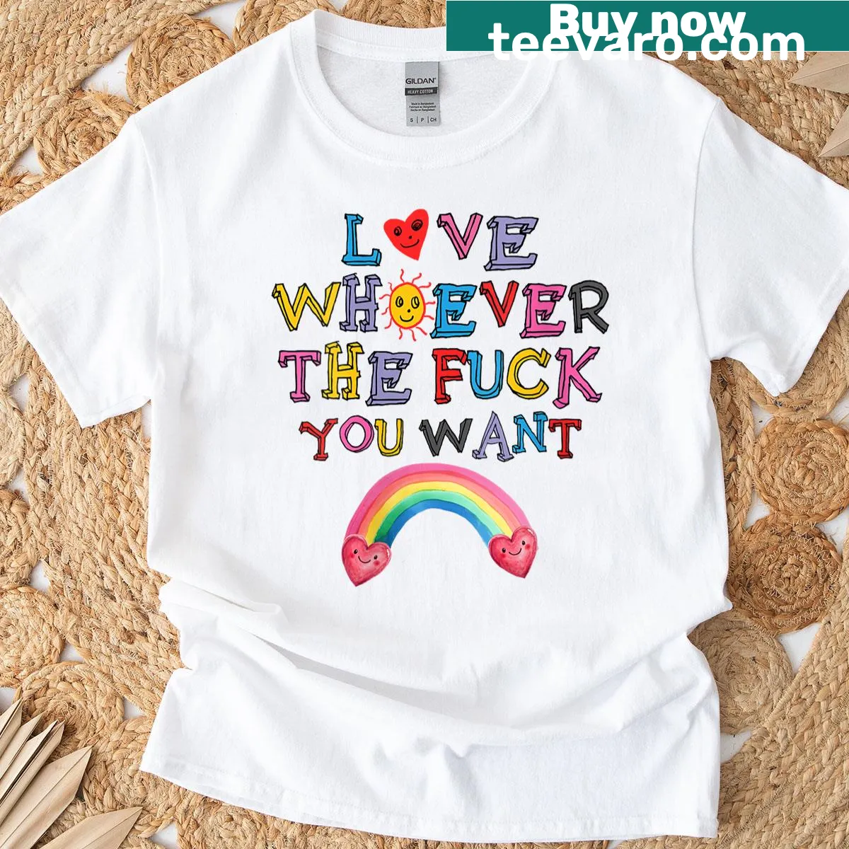 LGBTQ pride t-shirt featuring 'Love Whoever You Want' text in rainbow colors — on a men's t-shirt
