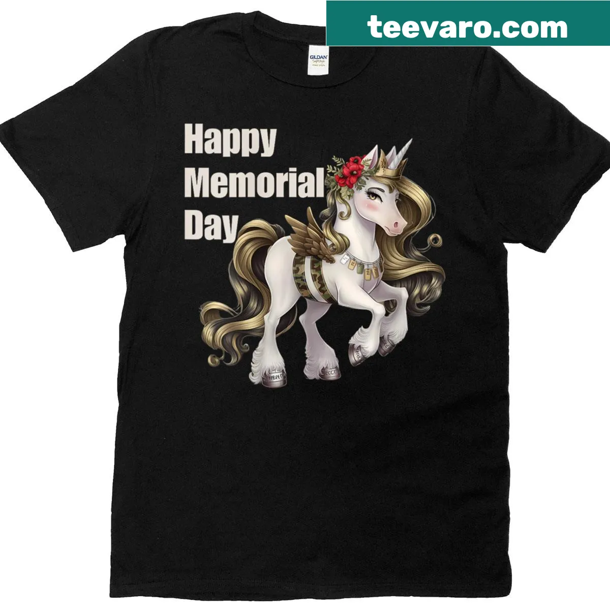 Playful T-shirt featuring a military unicorn in camouflage — on a men's t-shirt