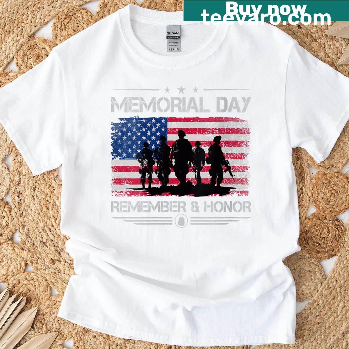 Vintage patriotic American flag t-shirt with 'Remember, Honor' text — on a men's t-shirt