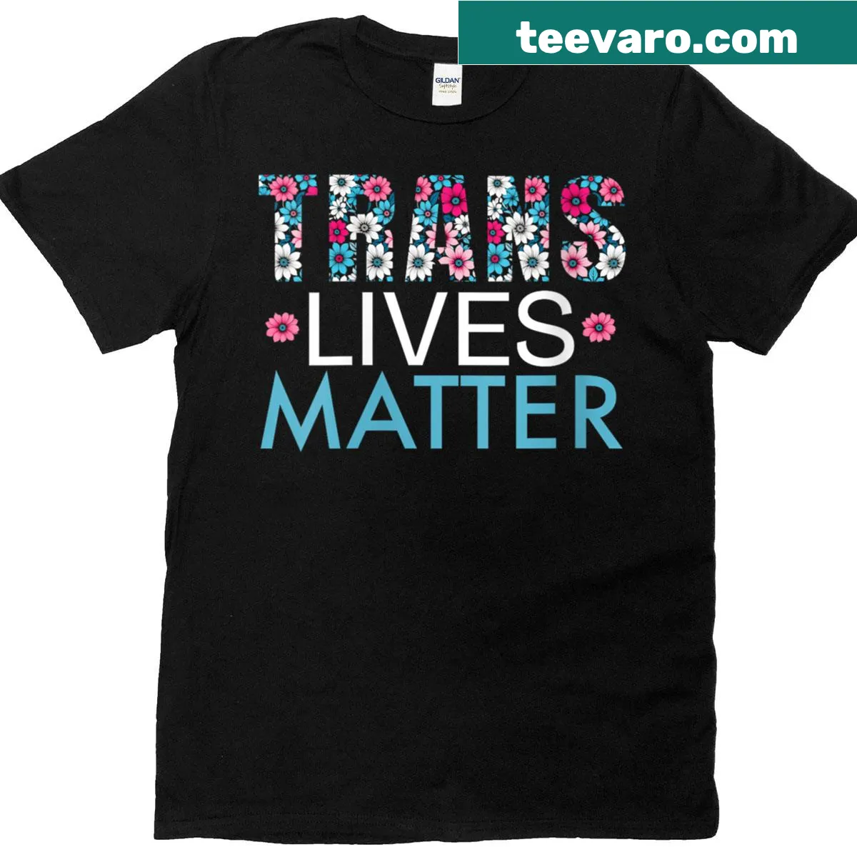 Pride Month t-shirt with floral 'Trans Lives Matter' message — on a men's t-shirt