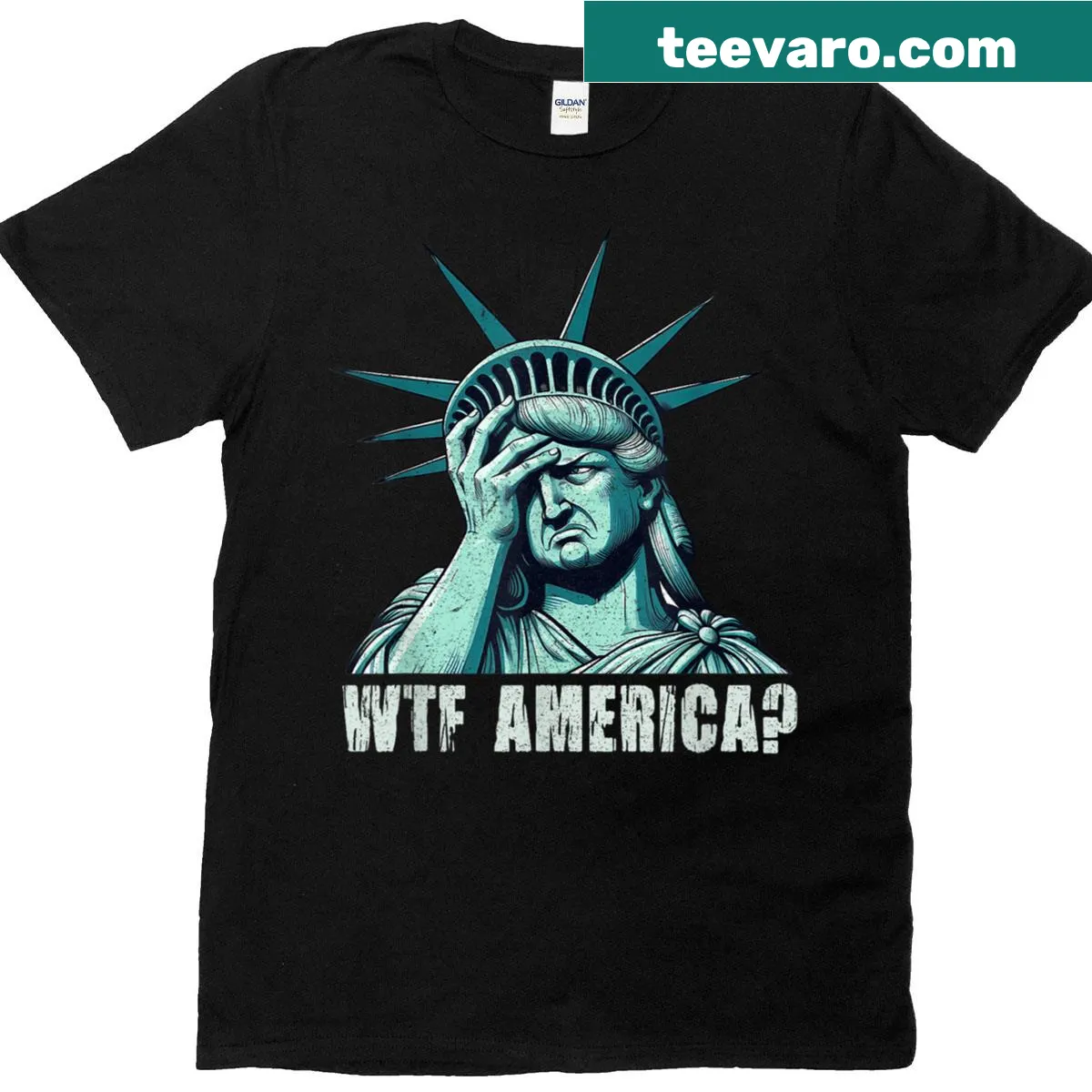 Text T-shirt featuring 'Wtf America' phrase — on a men's t-shirt
