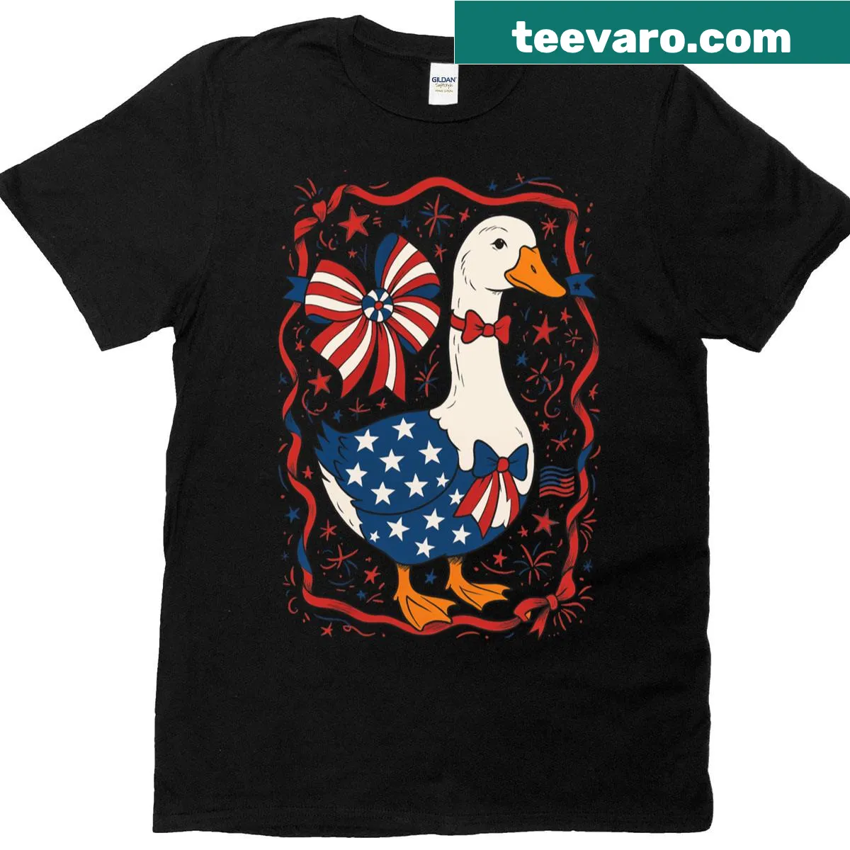 4th of July Mama Goose T-shirt with American Mama text design — on a men's t-shirt