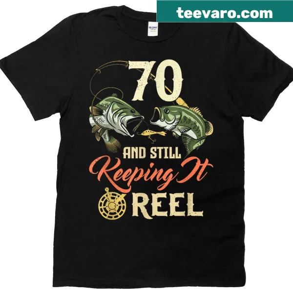 Playful T-shirt celebrating 70th birthday with fishing theme